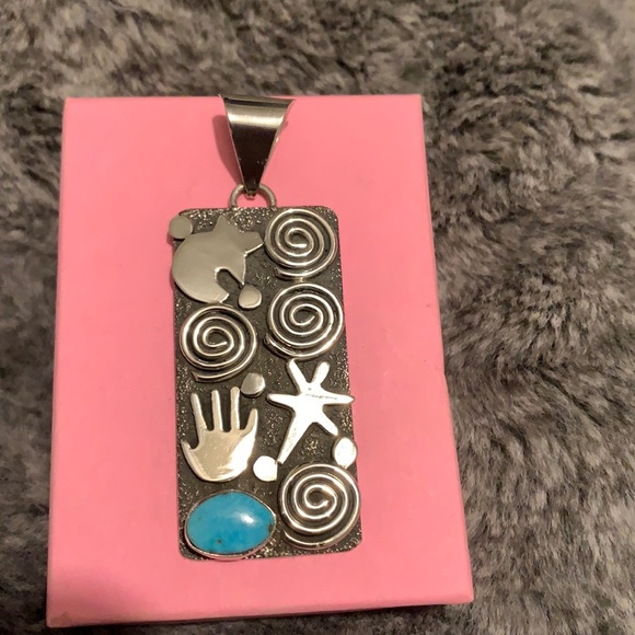 Navajo Silversmith Alex Sanchez Pendant Sterling Silver w/Turquoise Stone - Picture 1 of 3